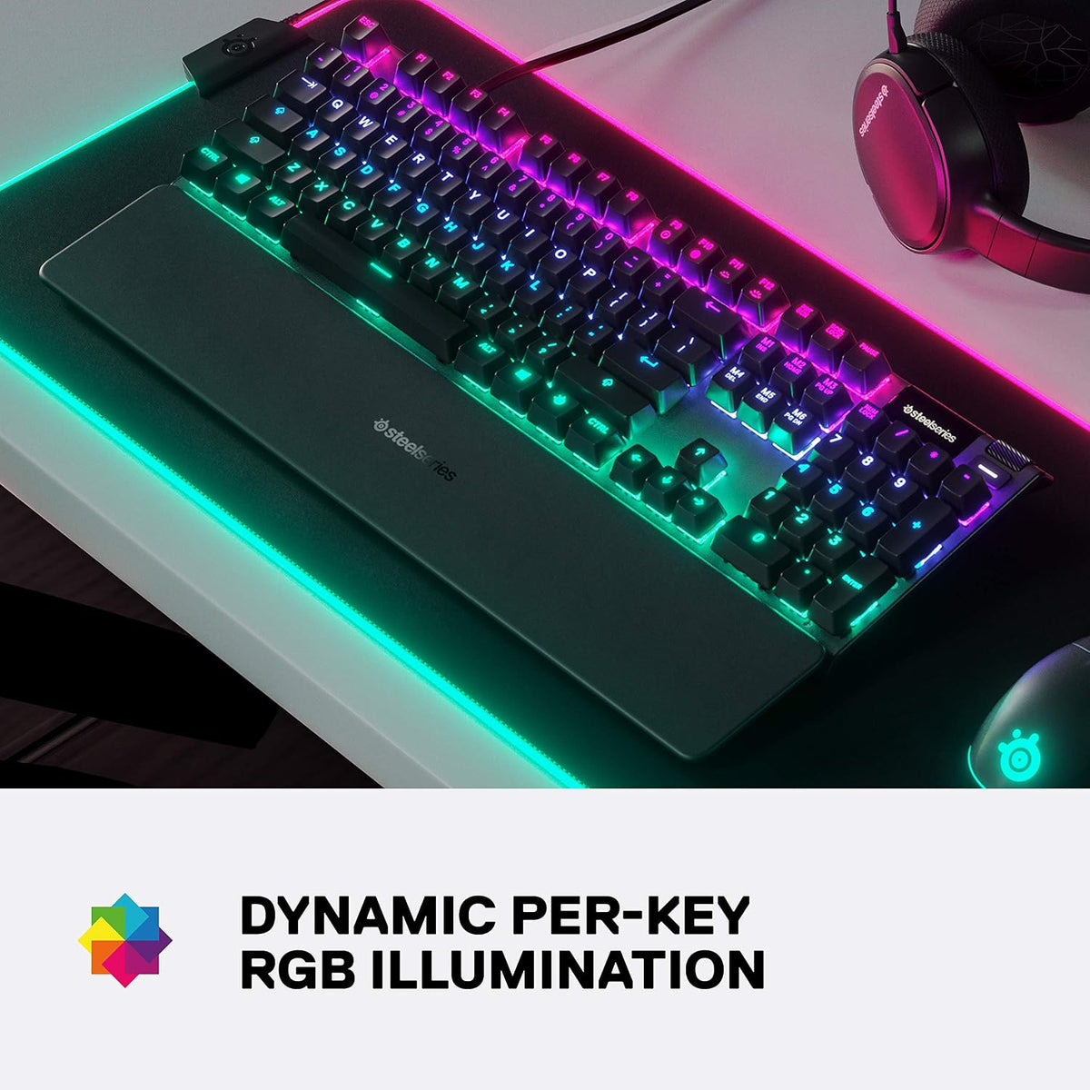 Steelseries USB Apex 5 Hybrid Mechanical Gaming Keyboard – Per-Key RGB Illumination – Aircraft Grade Aluminum Alloy Frame – OLED Smart Display (Hybrid Blue Switch)