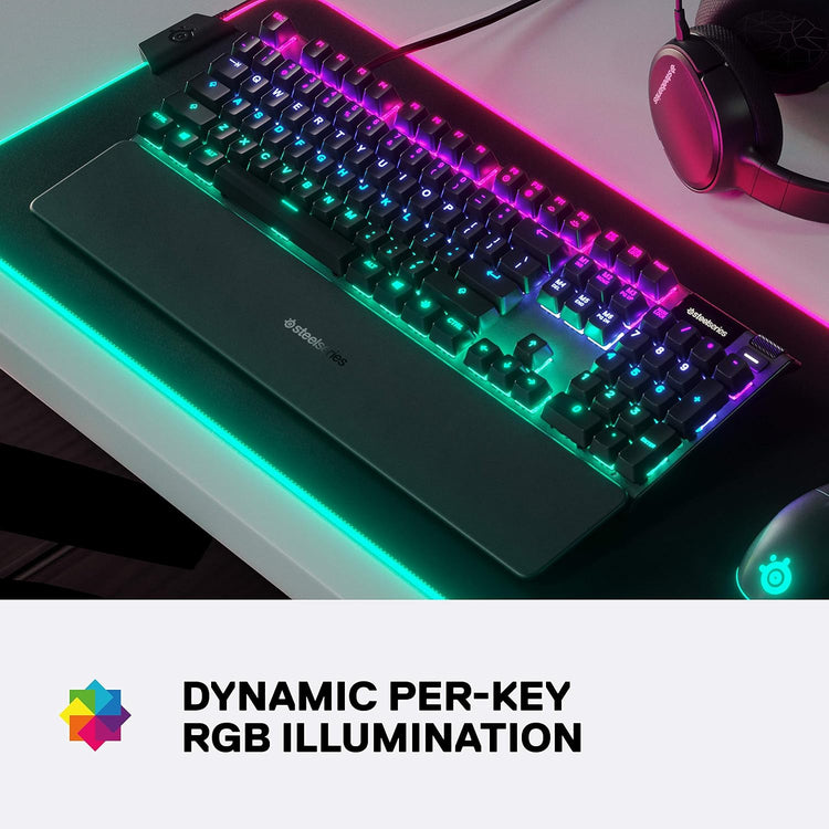 Steelseries USB Apex 5 Hybrid Mechanical Gaming Keyboard – Per-Key RGB Illumination – Aircraft Grade Aluminum Alloy Frame – OLED Smart Display (Hybrid Blue Switch)