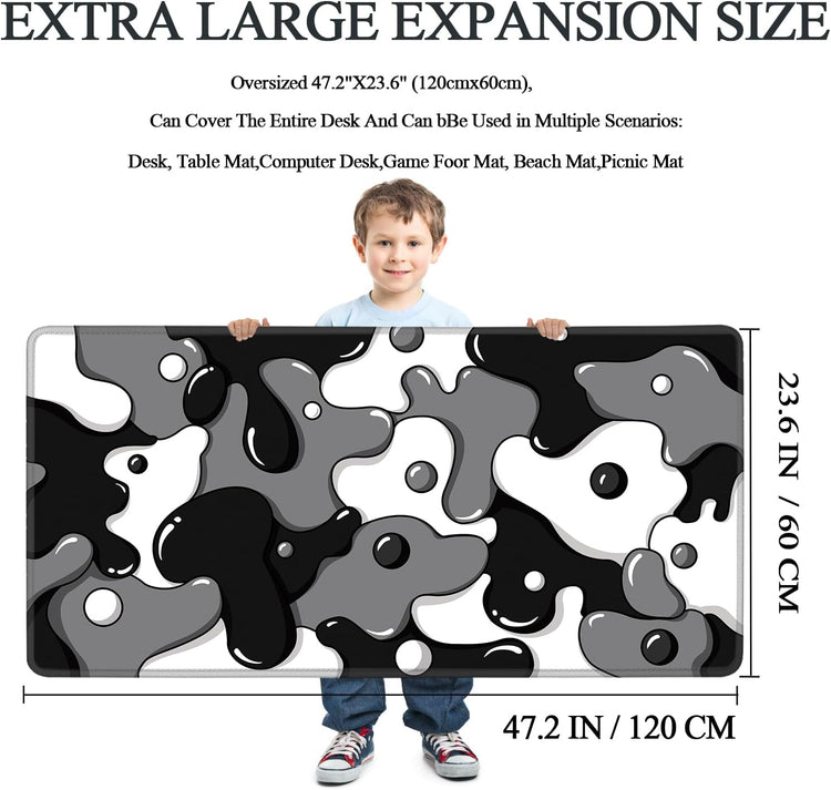 Gaming Laptop Mouse Pad,Grey Black White Big Desk Pads PC Keyboard Waterproof and Non-Slip 47.2" X 23.6" 3Mm Thick XXXL Rubber Table Mat, Black Spotted Dog Mouse Pads