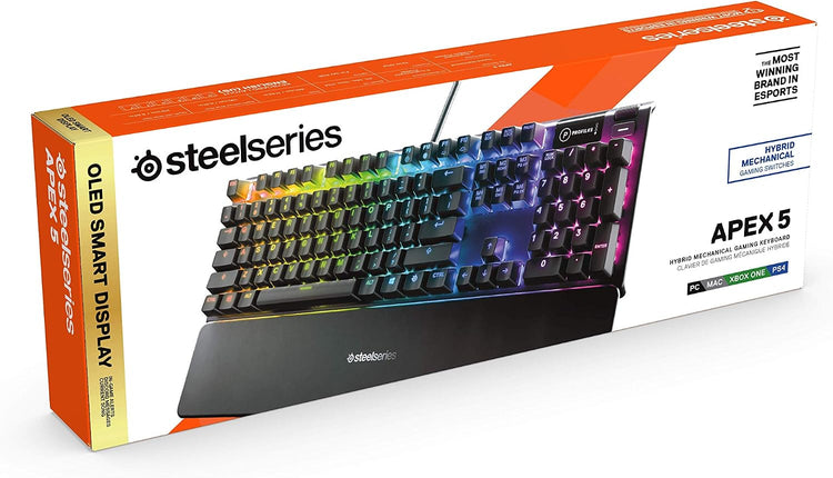 Steelseries USB Apex 5 Hybrid Mechanical Gaming Keyboard – Per-Key RGB Illumination – Aircraft Grade Aluminum Alloy Frame – OLED Smart Display (Hybrid Blue Switch)