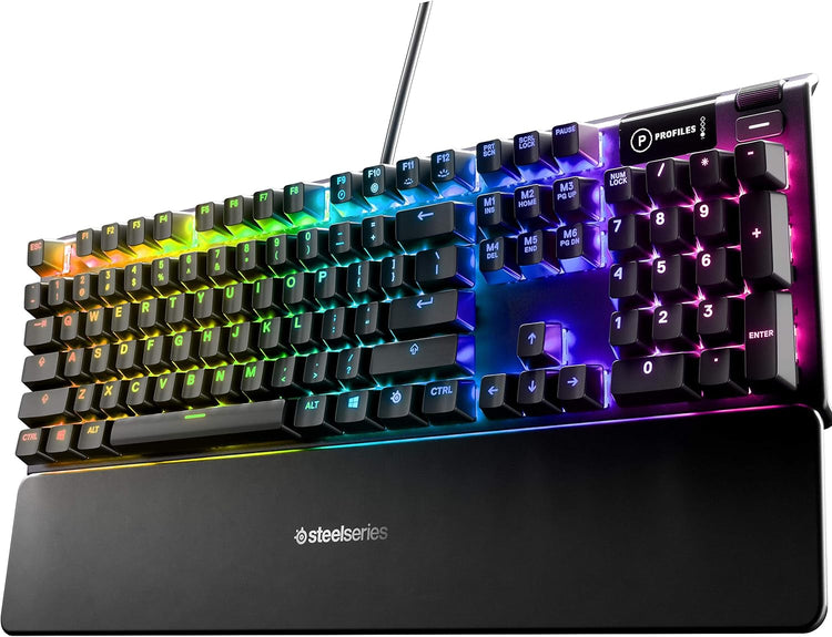 Steelseries USB Apex 5 Hybrid Mechanical Gaming Keyboard – Per-Key RGB Illumination – Aircraft Grade Aluminum Alloy Frame – OLED Smart Display (Hybrid Blue Switch)