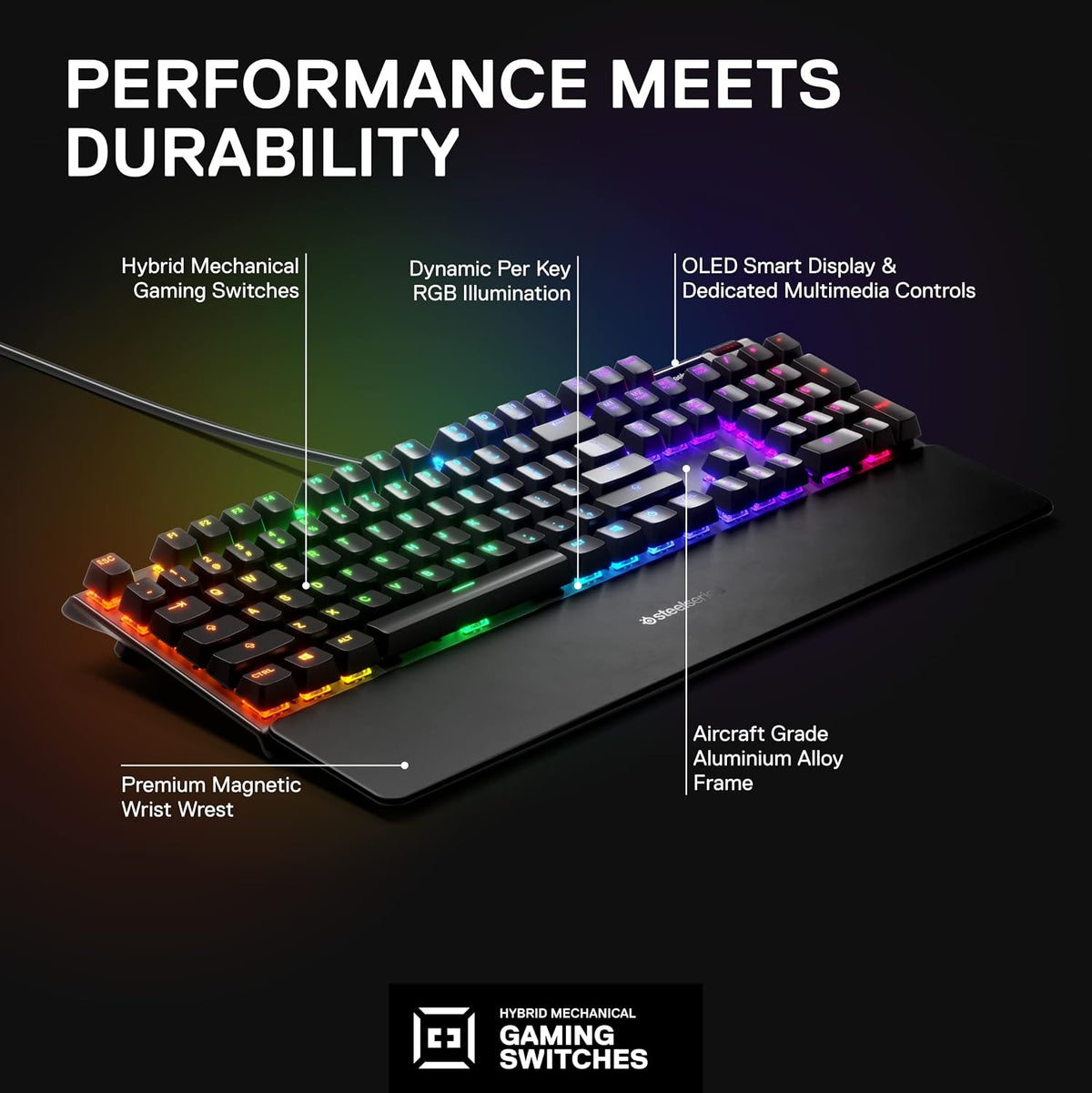 Steelseries USB Apex 5 Hybrid Mechanical Gaming Keyboard – Per-Key RGB Illumination – Aircraft Grade Aluminum Alloy Frame – OLED Smart Display (Hybrid Blue Switch)
