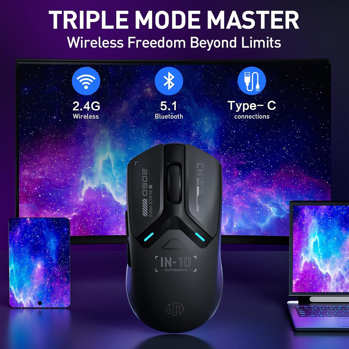 IN10P Lightweight Wireless Gaming Mouse, Tri-Mode Wireless Mouse