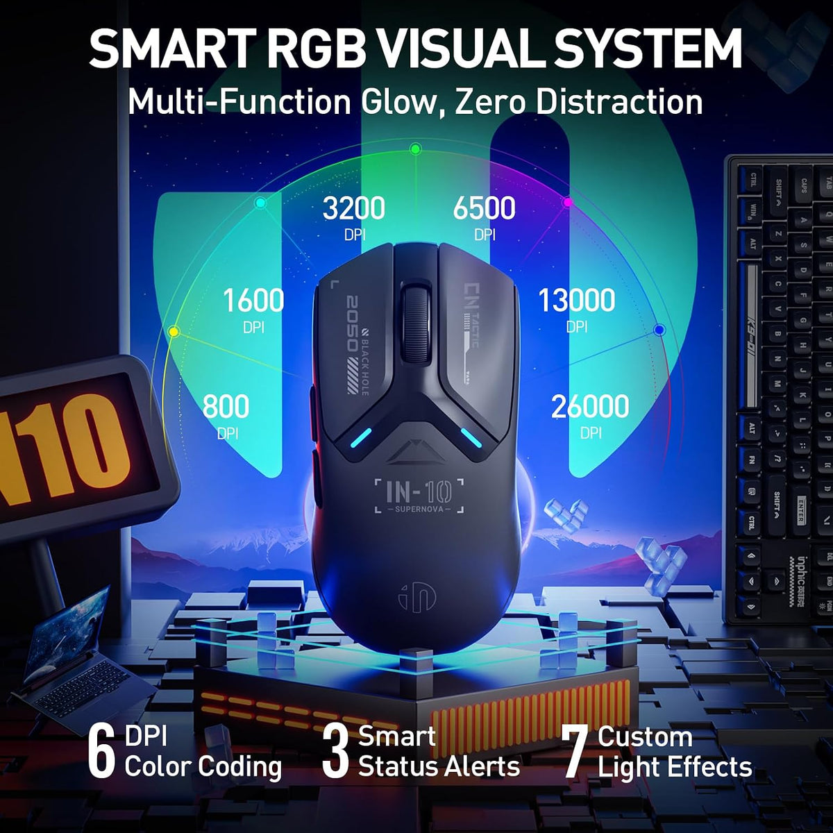 IN10P Lightweight Wireless Gaming Mouse, Tri-Mode Wireless Mouse