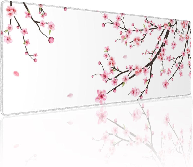 Gaming Mouse Pad Blossom Cherry Flower Pink Ethnic for Desk Keyboard Laptop Non-Slip Rubber Base Large XXL Mousepad with Stitched Edges Game Work Desktop Office Home 31.5 X 11.8 In